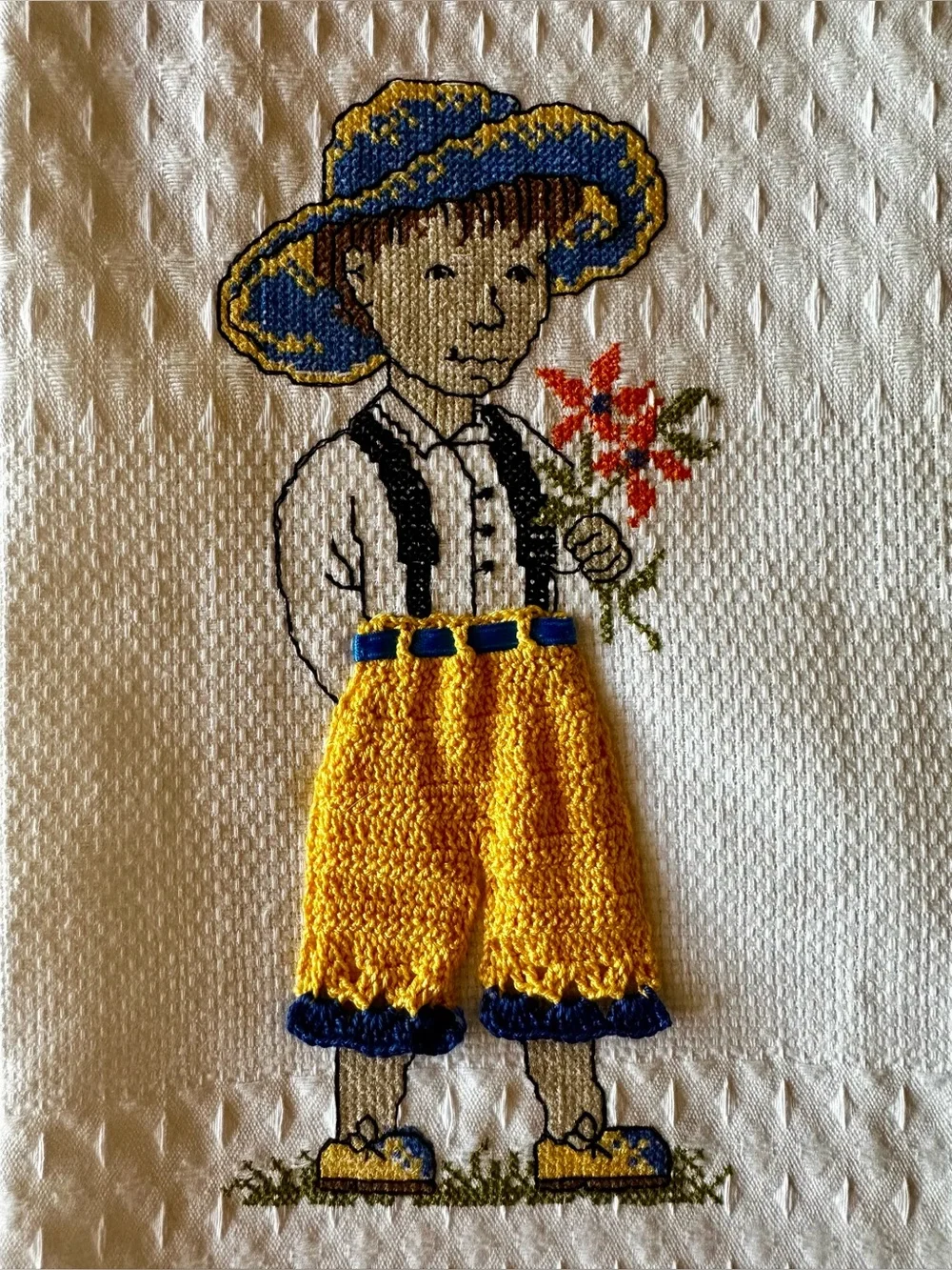 NWOT Pair of embroidered and crocheted tea towels. White cotton waffle weave.